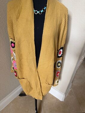 Women's Mustard Open-Front Cardigan Sweater with Crochet Sleeve Detail